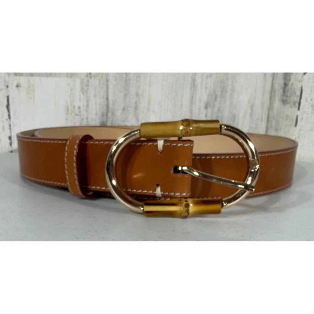 J McLaughlin Belt Large Brown Bamboo Gold Buckle Preppy Neutral Designer READ